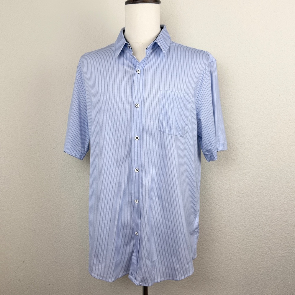 Buttercloth Mens Short Sleeve Button Up Shirt | 2XL Slim Fit | Blue Striped